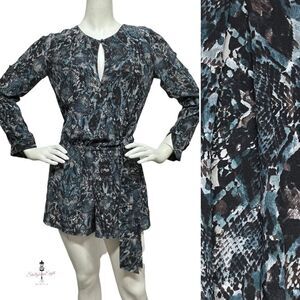 INTERMIX 100% Silk Python Snake Print Romper Shorts Sash Waist Keyhole Neck XS S